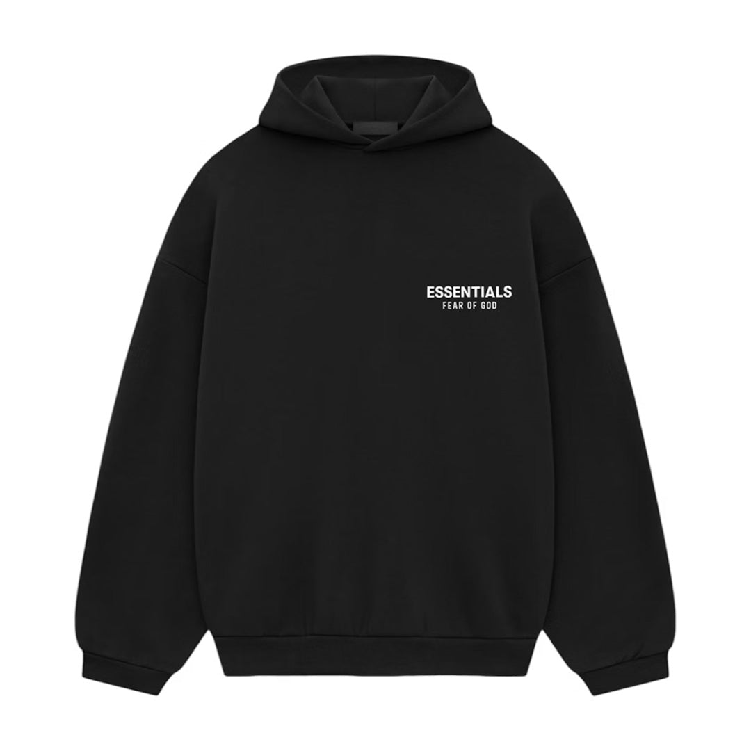 Black Fear of God Essentials FW24 fleece hoodie, front view